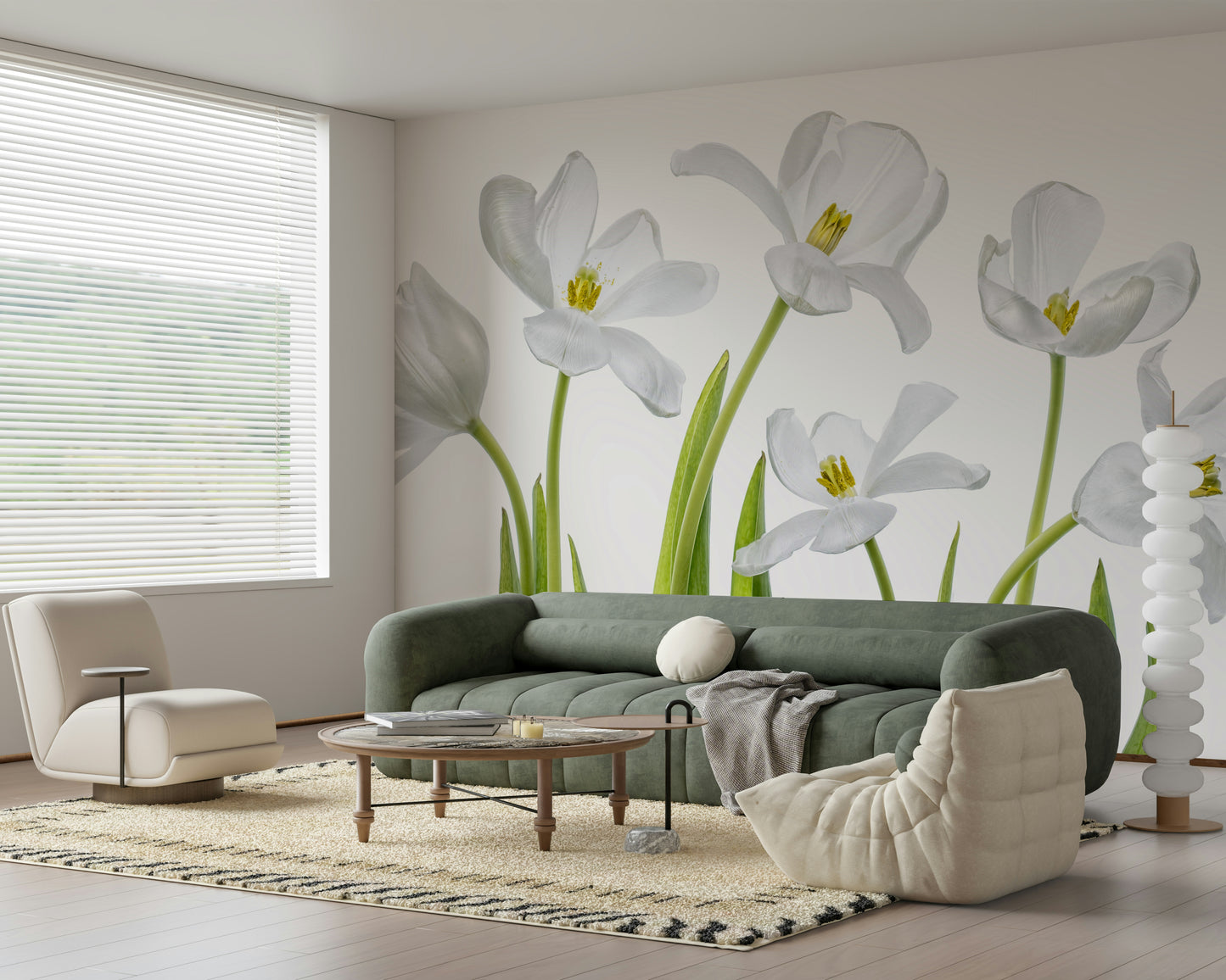 A graceful subtle bloom wall mural in soft, elegant tones.

