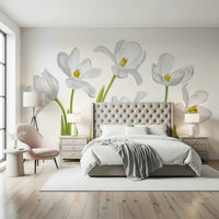 An artistic delicate tulip mural on minimalist wallpaper.

