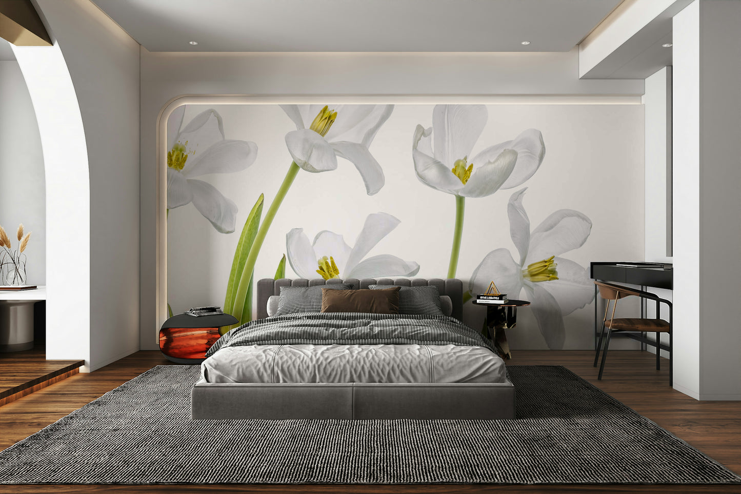 A beautiful serene tulip field wallpaper mural for a modern home.

