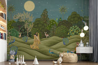 Modern hallway wall decor mural, leafy pattern in pastel greens on light base, bright and airy finish