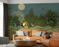 Living room feature wall mural with tropical leaves, earthy color palette, clean modern furniture styling