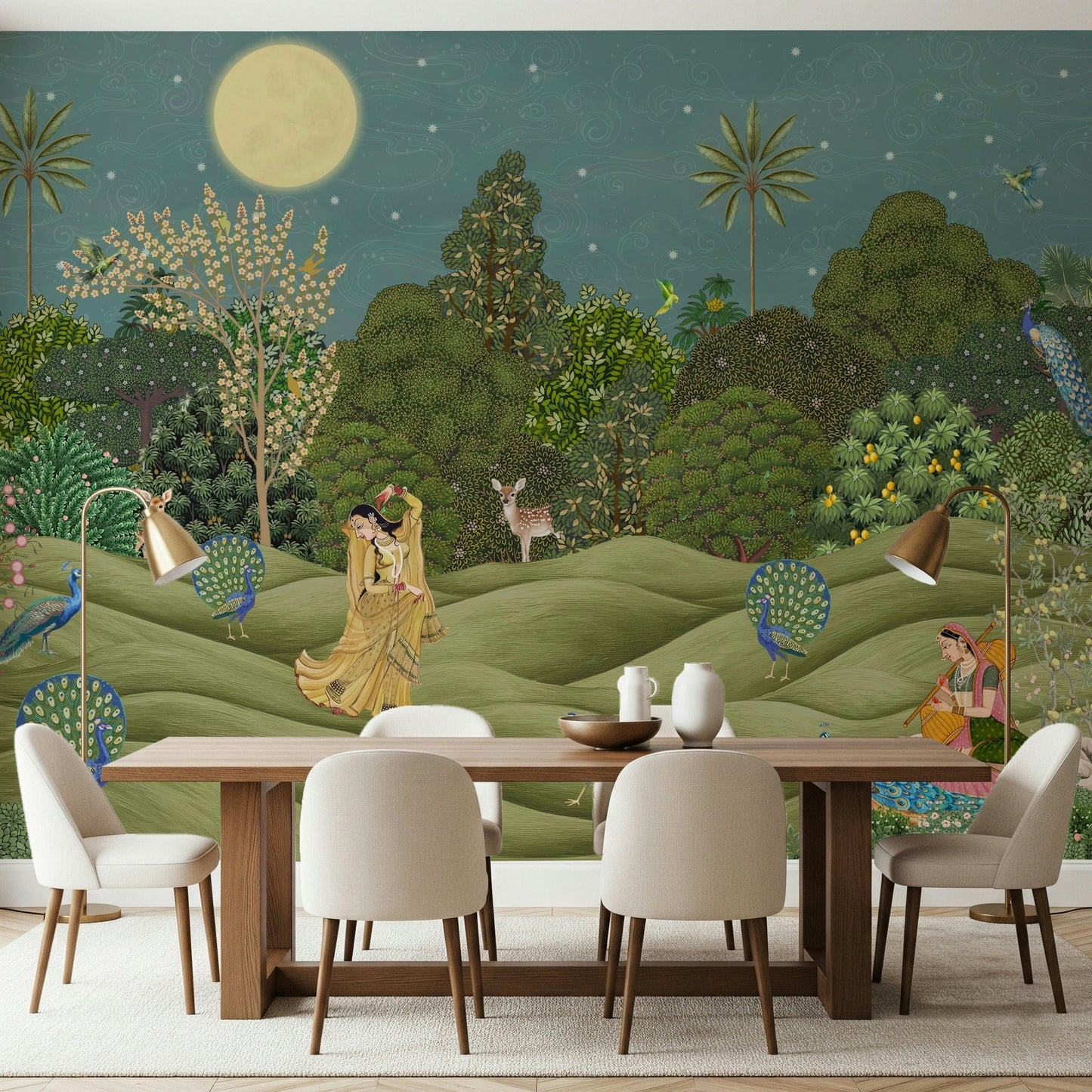 Purnima Paradise mural on apartment dining wall, botanical pattern in sage and sand tones, contemporary style