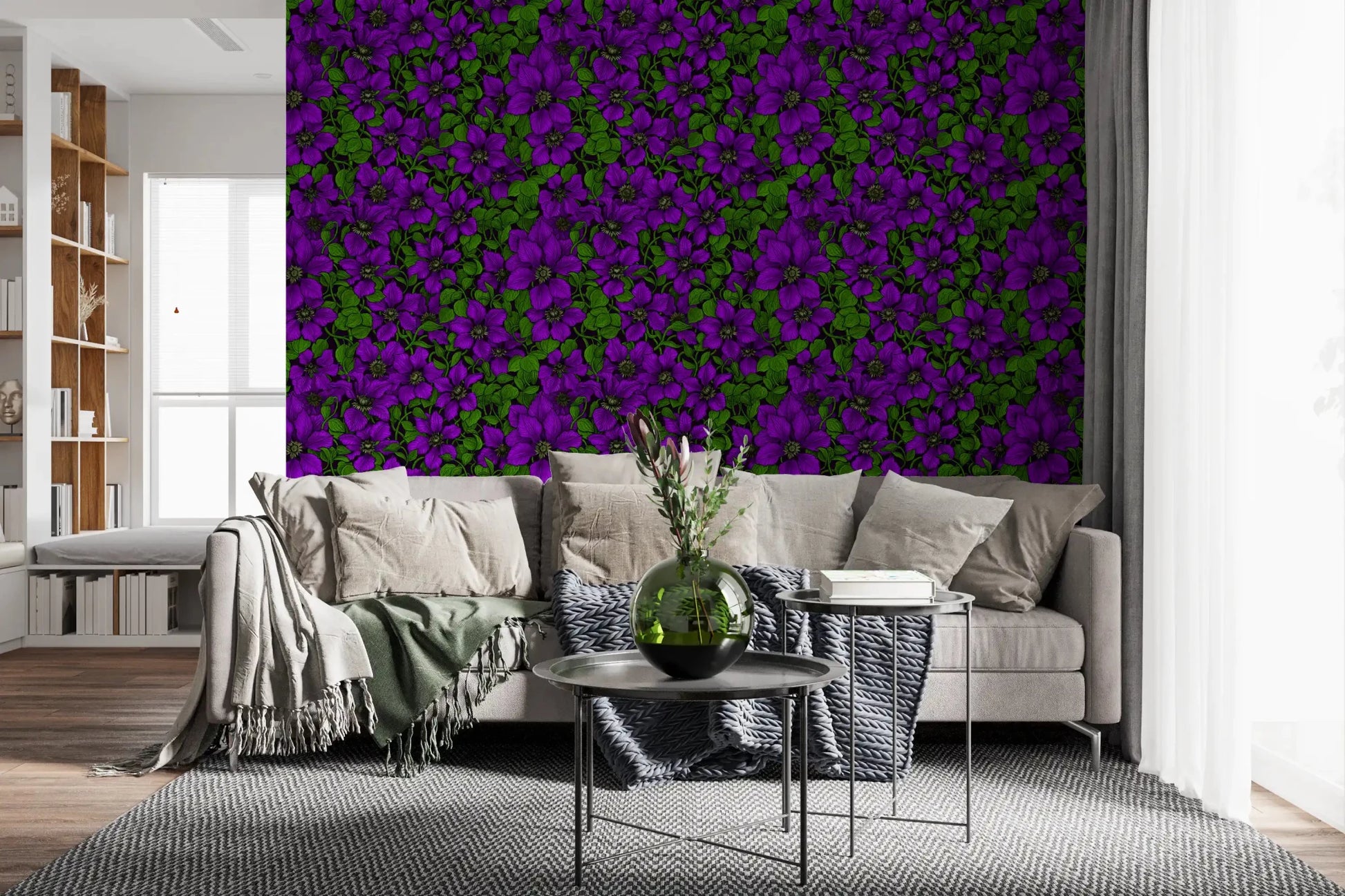 Family room reads bolder once paired with the clematis vine wallpaper⁠GD9571