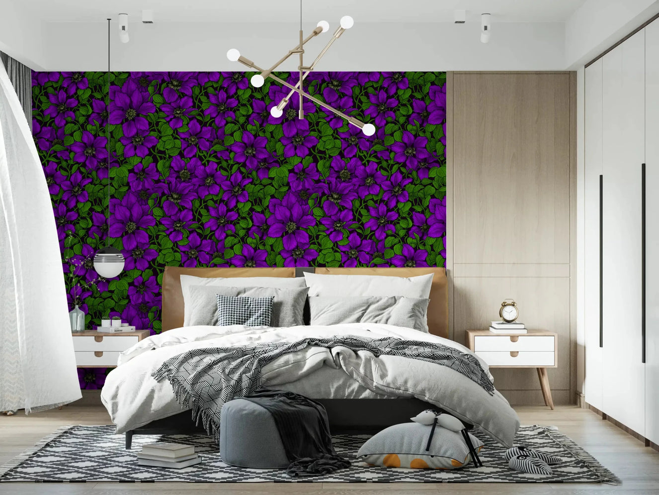 By night, the bedroom carries deep purples on the clematis vine wallpaper
GD9571