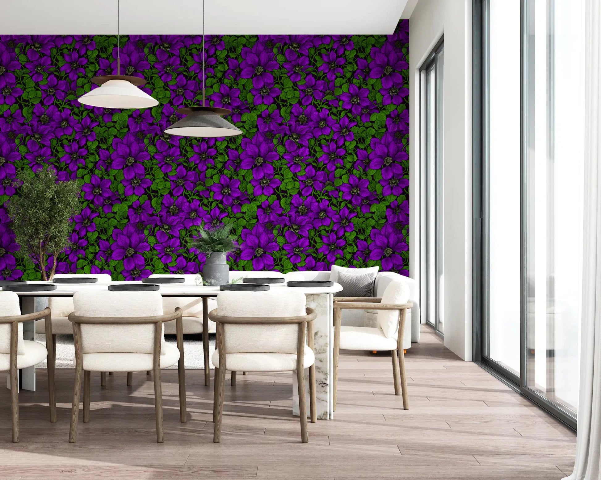 Breakfast nook absorbs the rich purples of the clematis floral wallpaper
GD9571