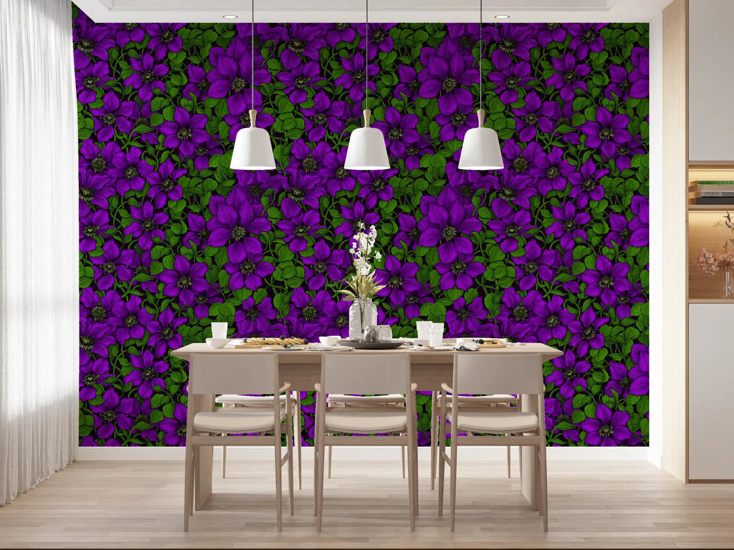 Dining room comes to life beside lush violet blooms on this wallpaper⁠GD9571