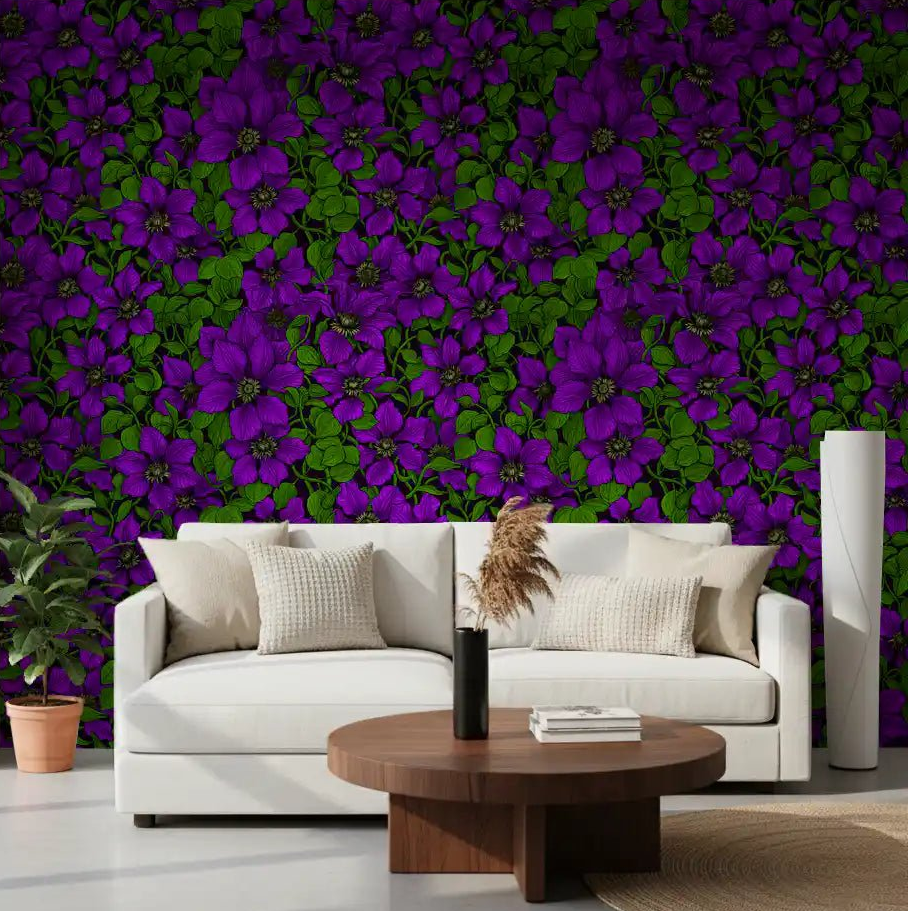 Living room covered in dramatic violets and greens on this Purple Clematis wallpaperGD9571