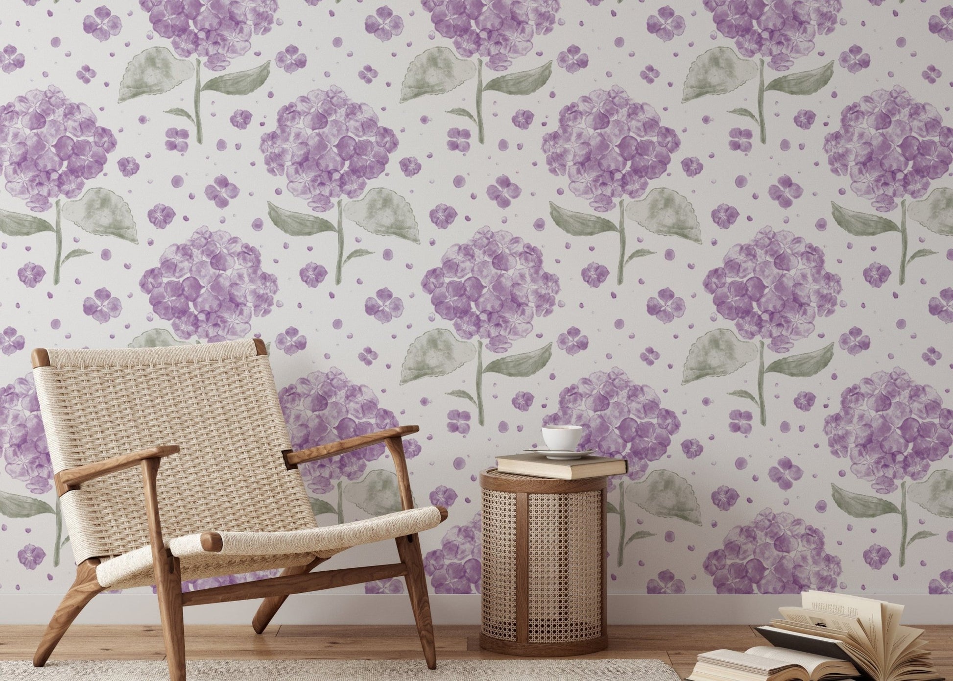 Nature-inspired purple hydrangea mural for cozy and inviting walls.
