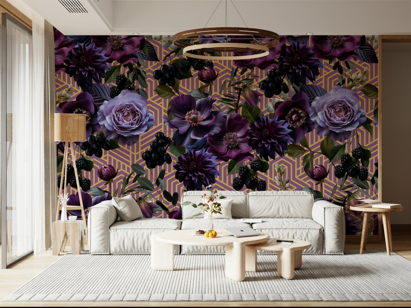 A serene abstract pattern wall mural in passionate purple tones.