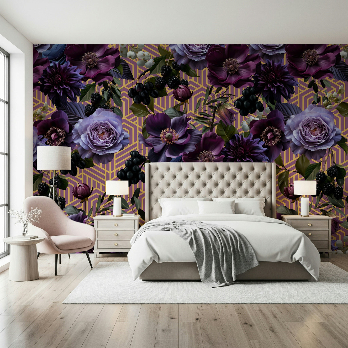 A beautiful purple geometric wallpaper mural for a modern home.