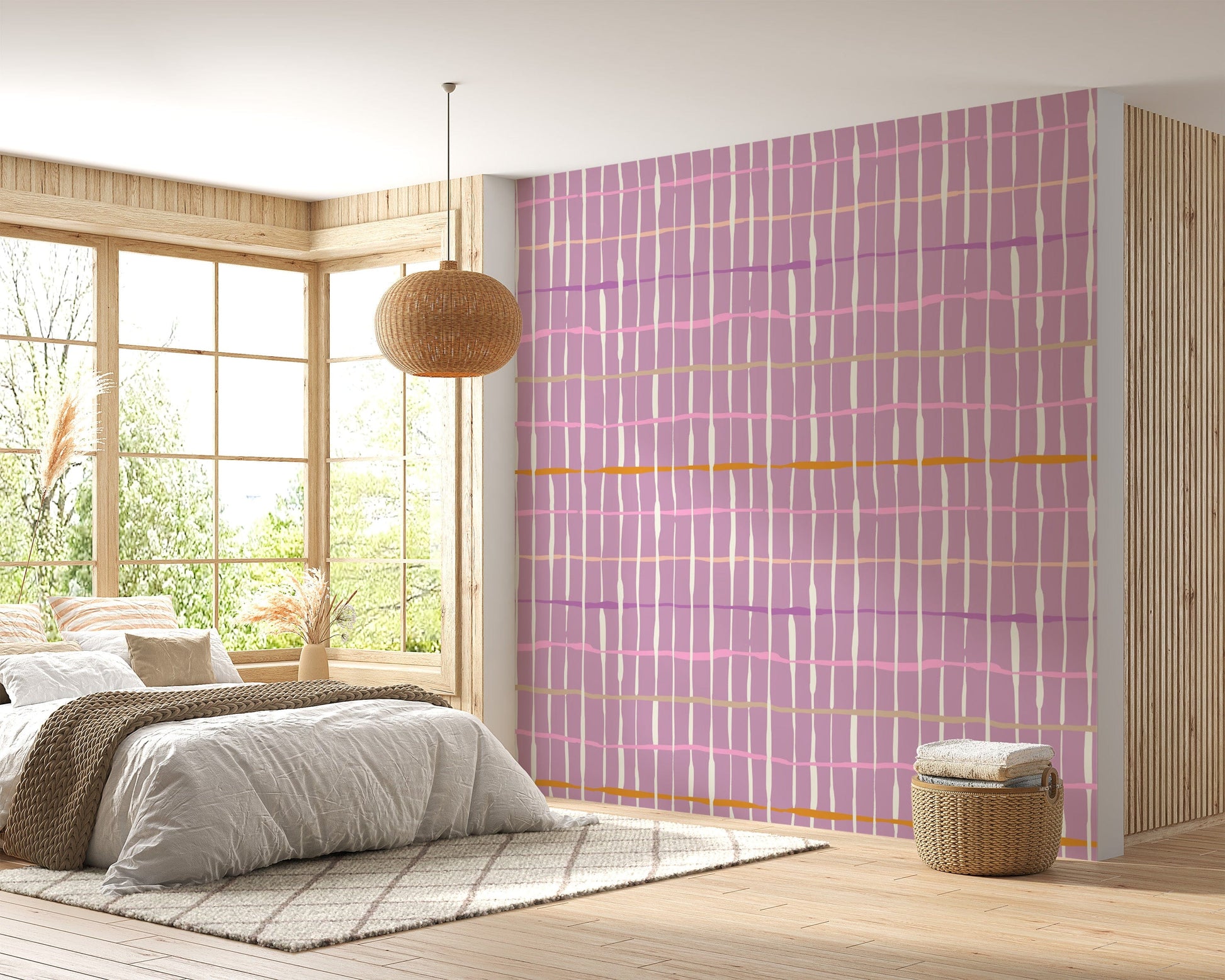 Abstract purple retro handdrawn line wall design
