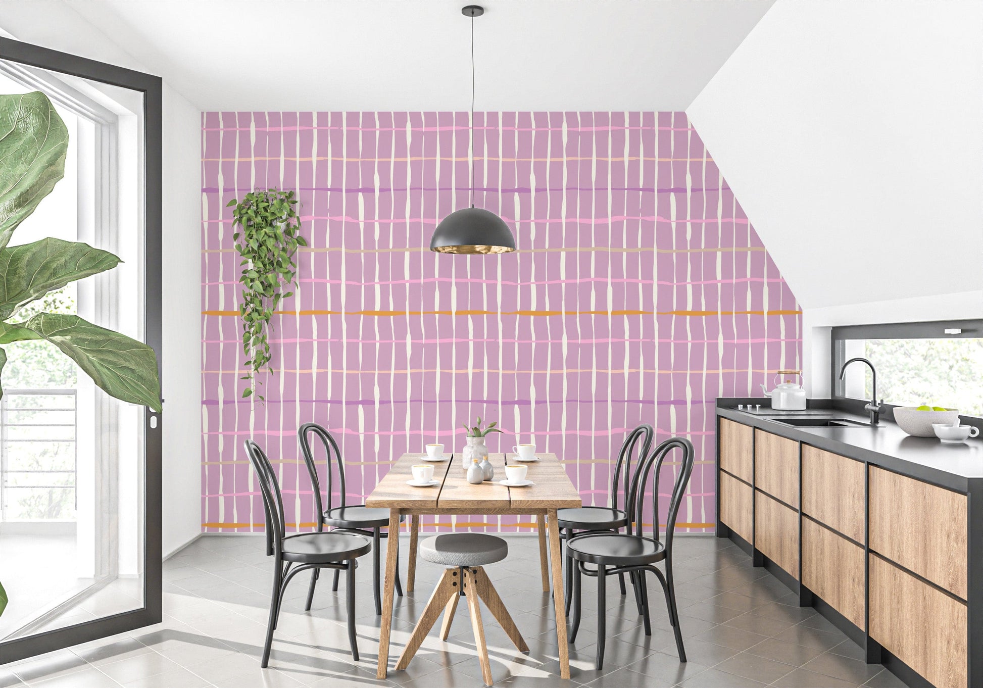 Retro-inspired purple line wallpaper for interiors
