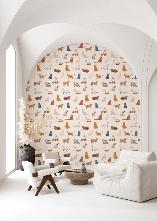 Living room with Purrfectly Cats Wallpaper on soft neutral base, GD8492