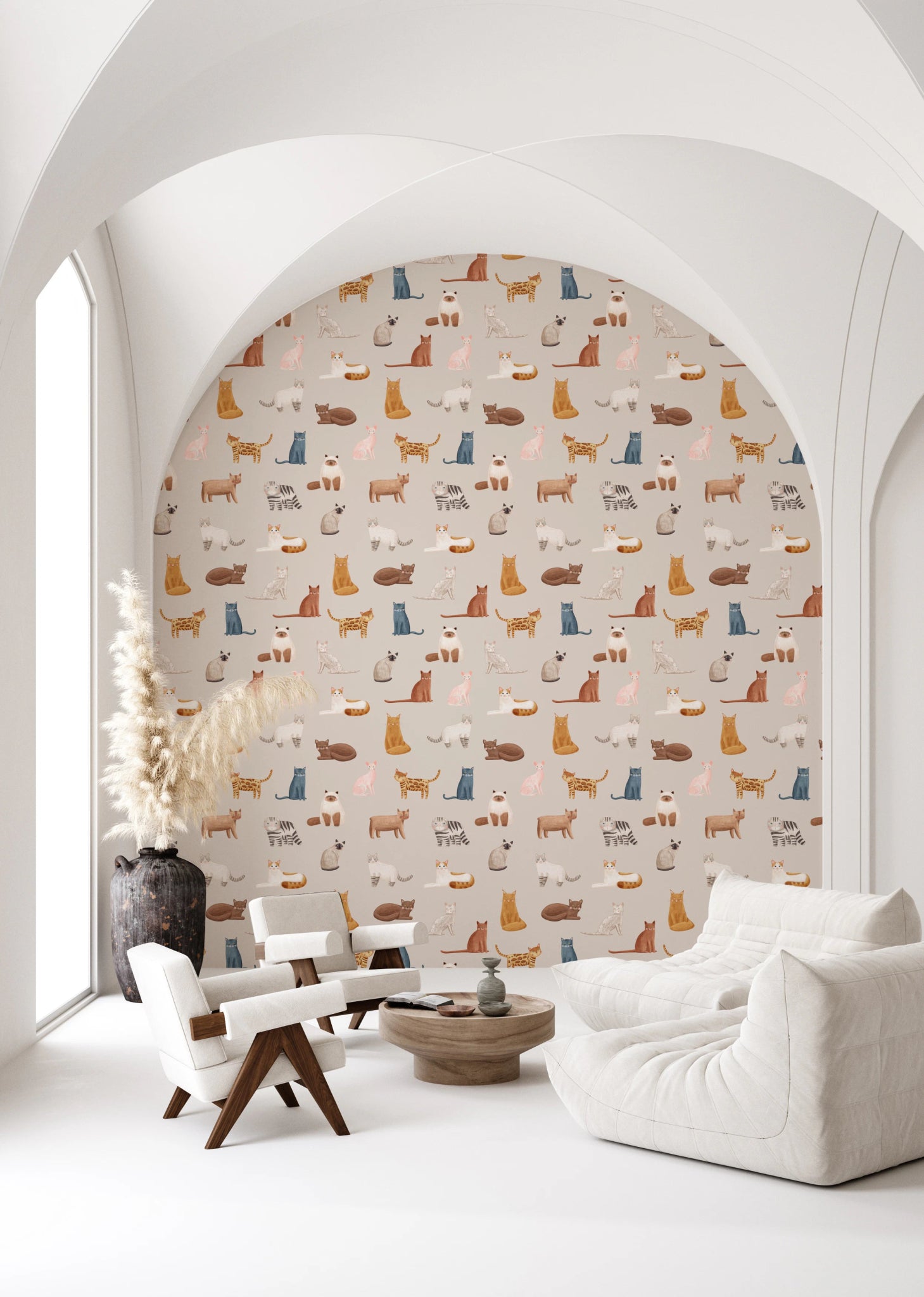 Hallway wall with Purrfectly Pawsome Cats wallpaper and soft cat artwork, GD8130