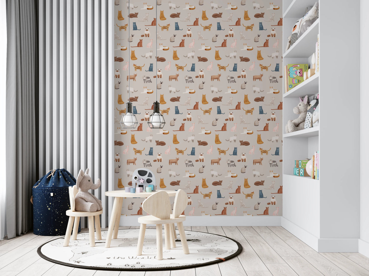Kids rooom styled in Purrfectly Pawsome Cats wallpaper with illustrated cats, GD8130