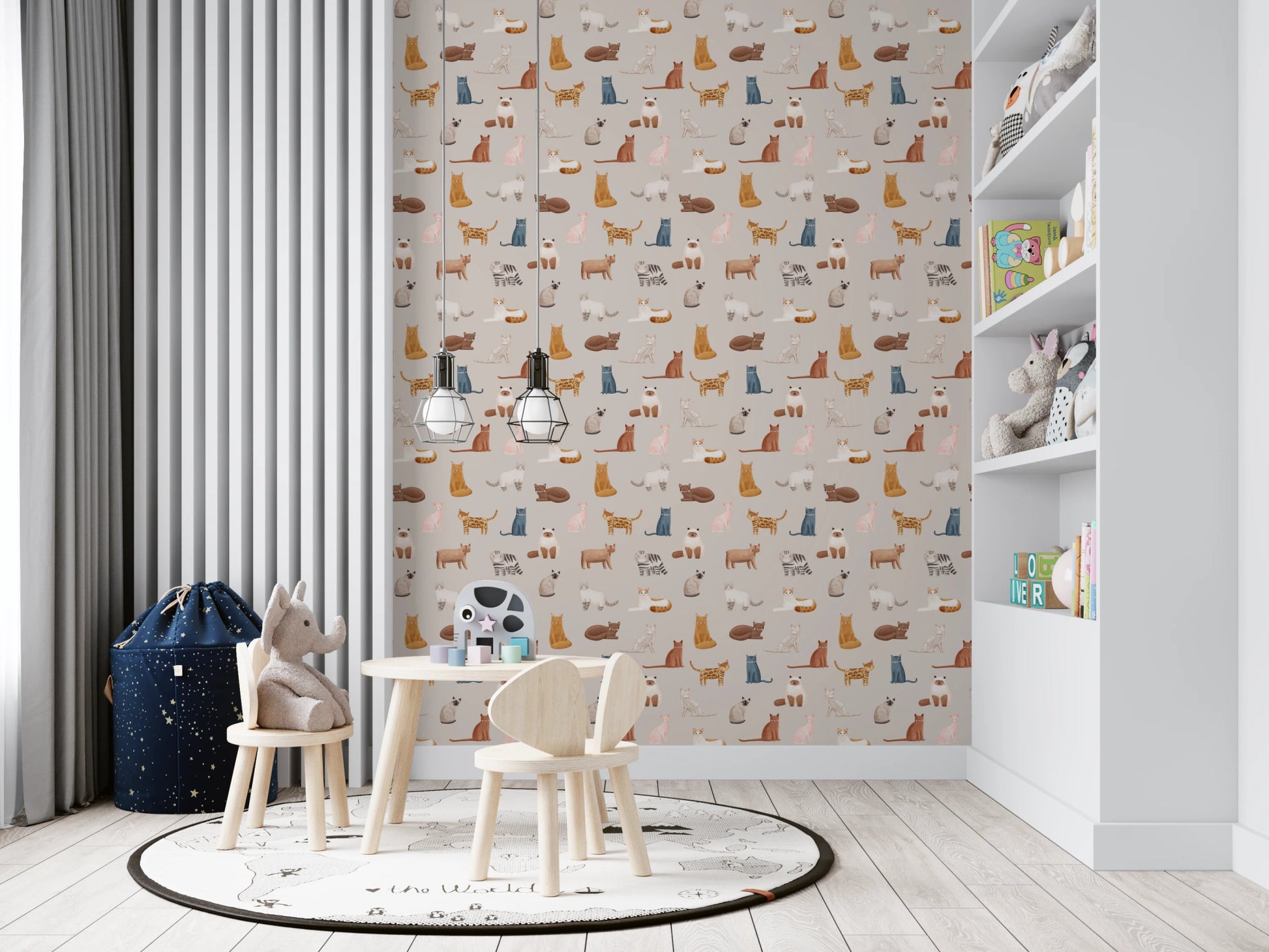 Kids rooom styled in Purrfectly Pawsome Cats wallpaper with illustrated cats, GD8130