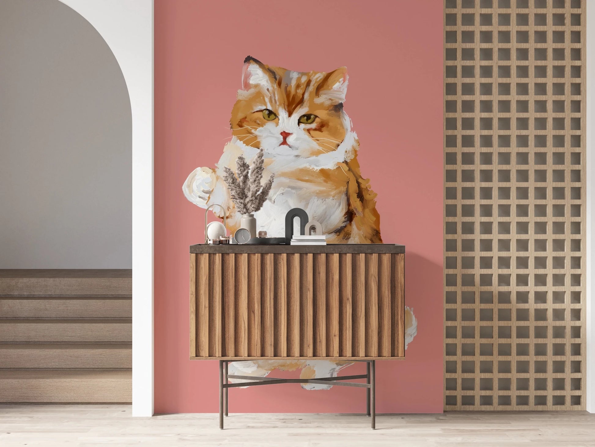 Orange and white cat oil painting wallpaper for halls.