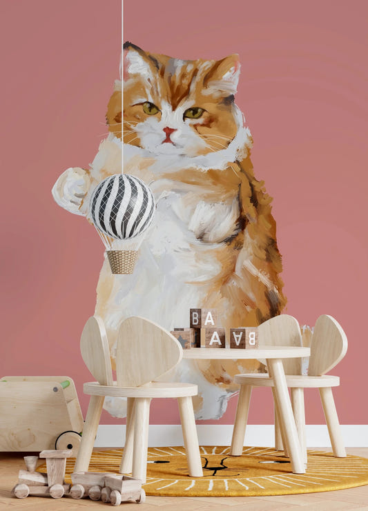 Handpainted furry cat wallpaper on pink background.