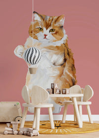 Handpainted furry cat wallpaper on pink background.