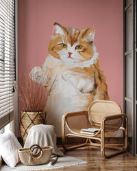 Handpainted oil painting cat wallpaper for lounge area.