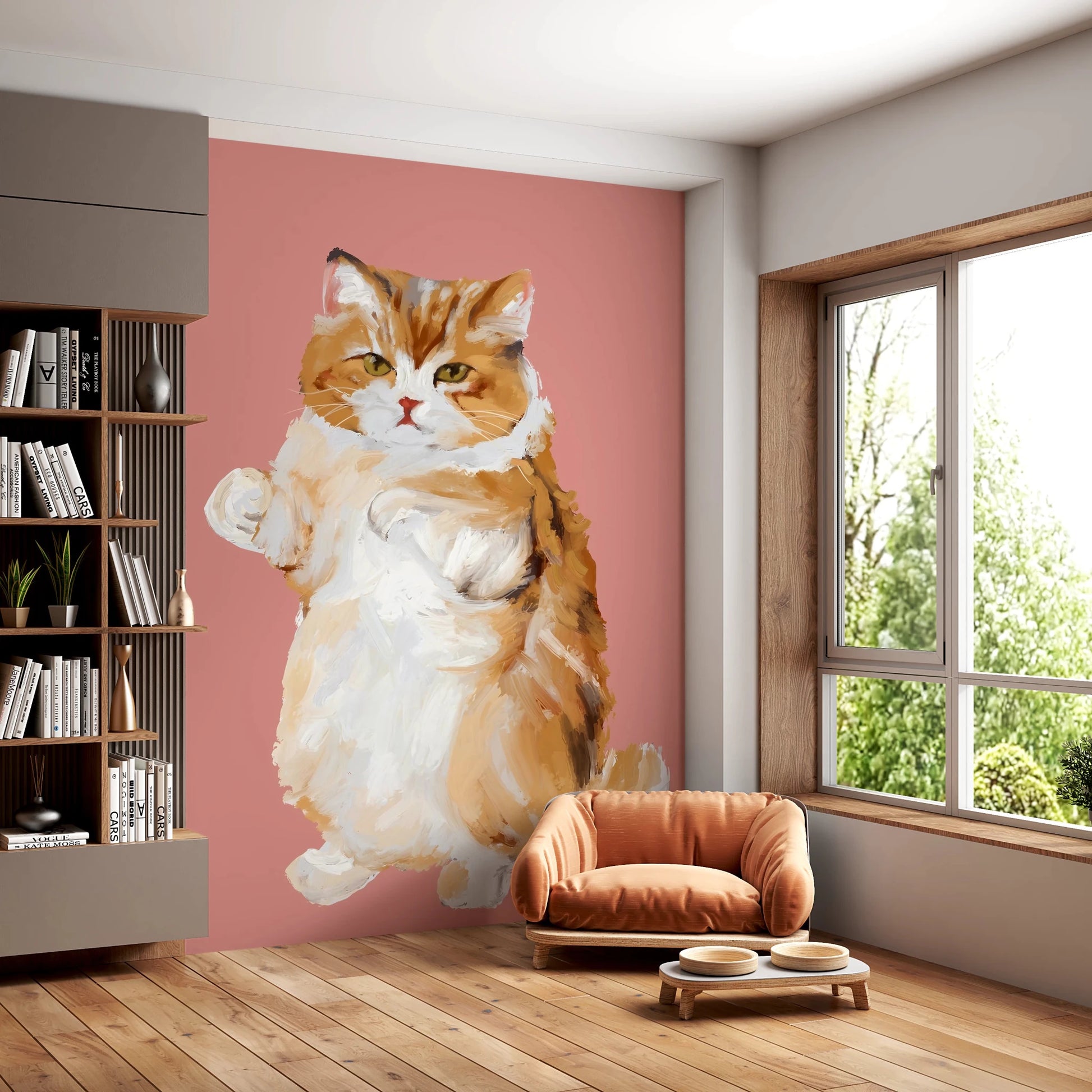 Furry cat oil painting wall mural for creative flats.