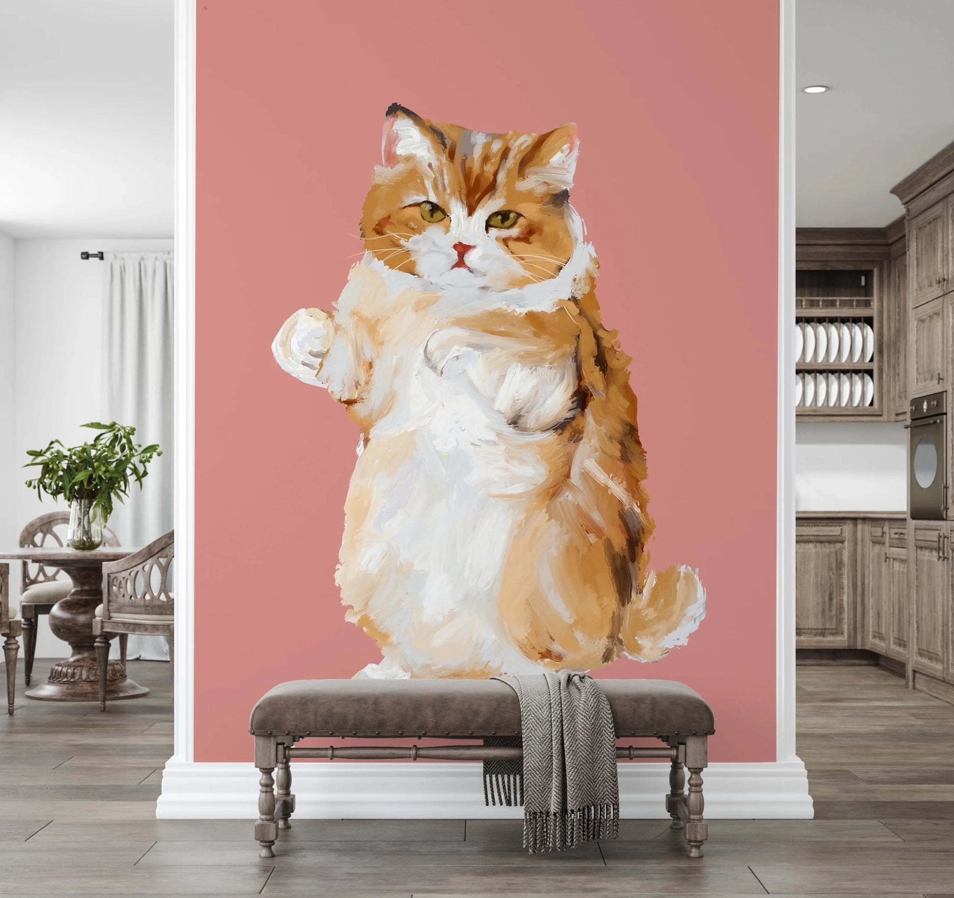 Pink background cat wall mural for modern home styling.
