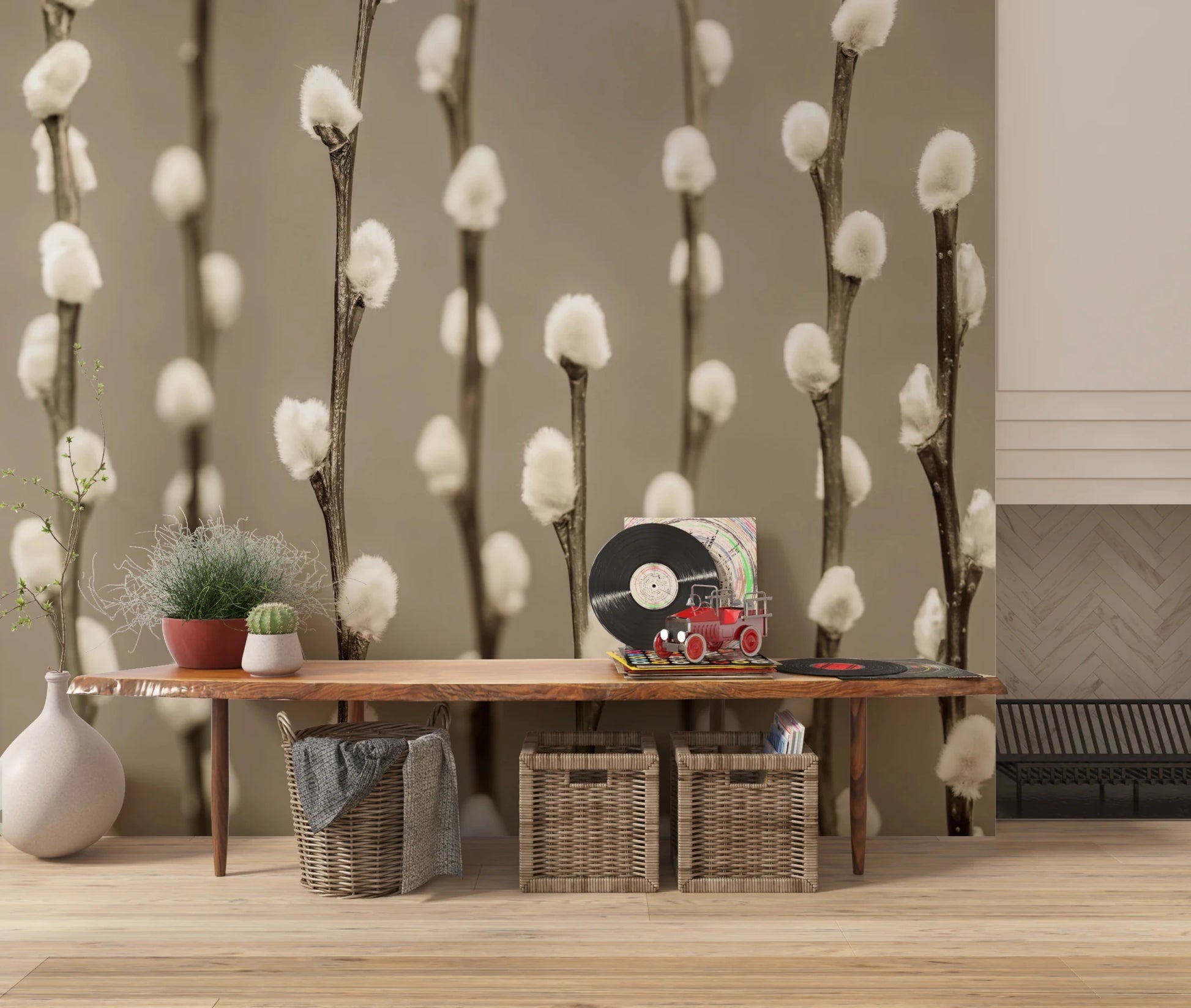 Rustic interior enhanced by Pussy Willow Wall Mural and gentle bud details, GD8627