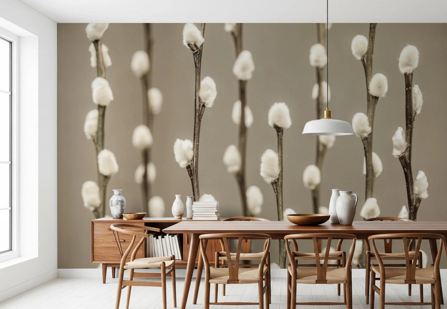 Dining setting styled with Pussy Willow Wall Mural and soft vertical stems, GD8627