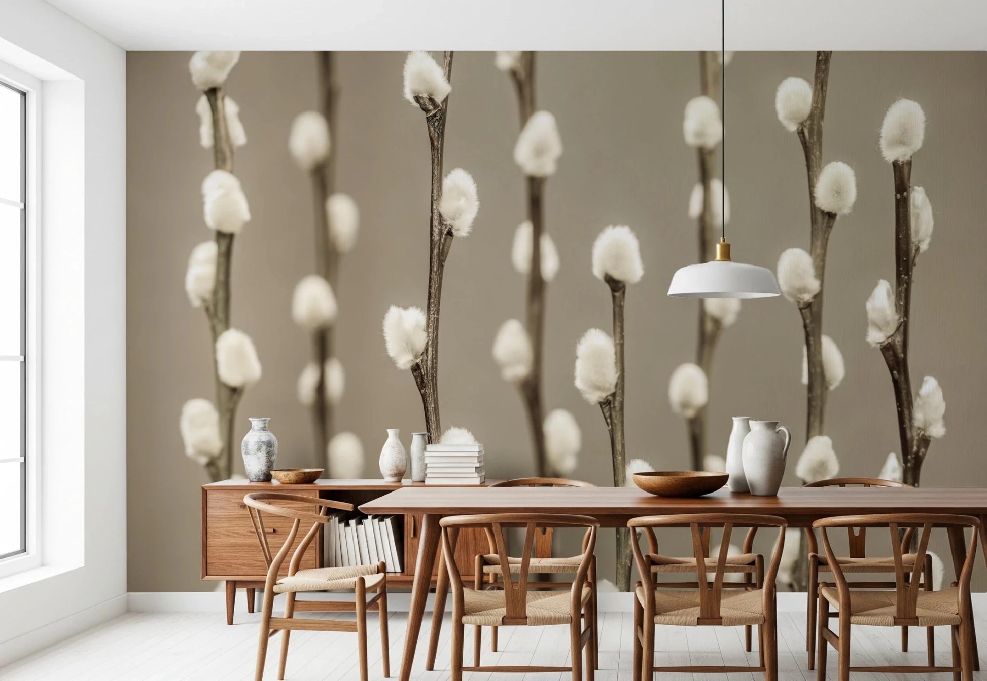 Dining setting styled with Pussy Willow Wall Mural and soft vertical stems, GD8627