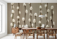 Dining setting styled with Pussy Willow Wall Mural and soft vertical stems, GD8627