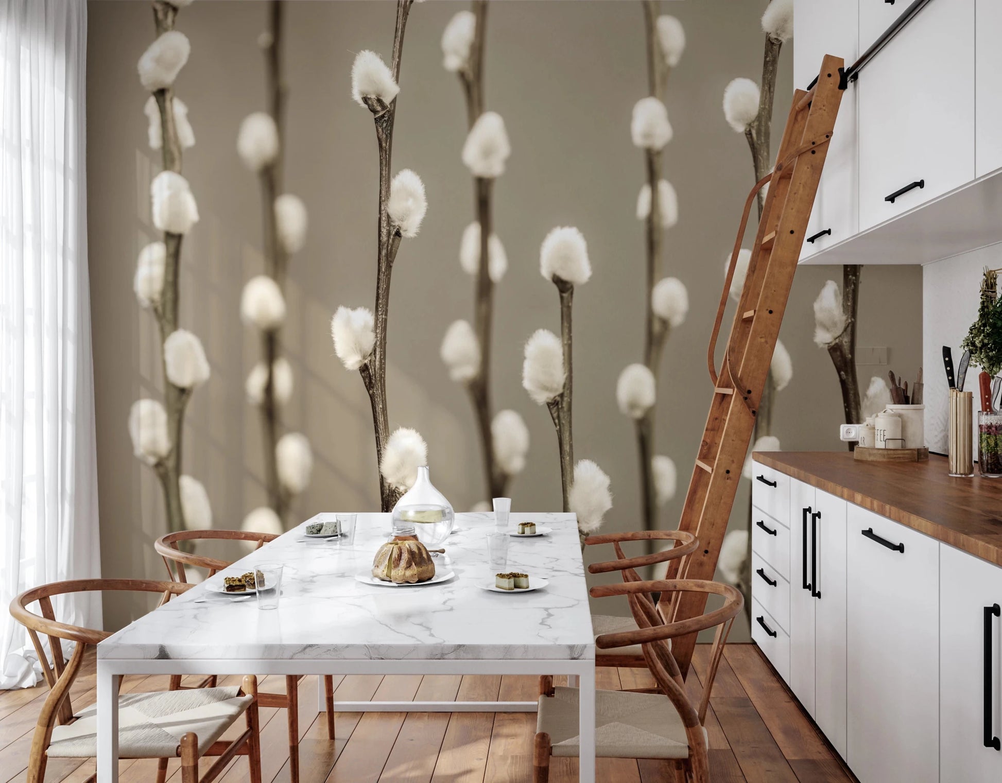 Kitchen dining space paired with Pussy Willow Wall Mural and calm twig texture, GD8627
