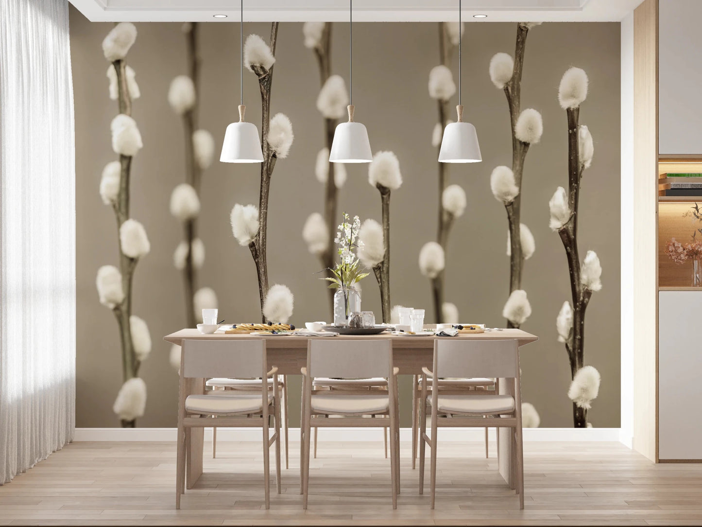 Minimal dining setup using Pussy Willow Wall Mural and light botanical rhythm, GD8627