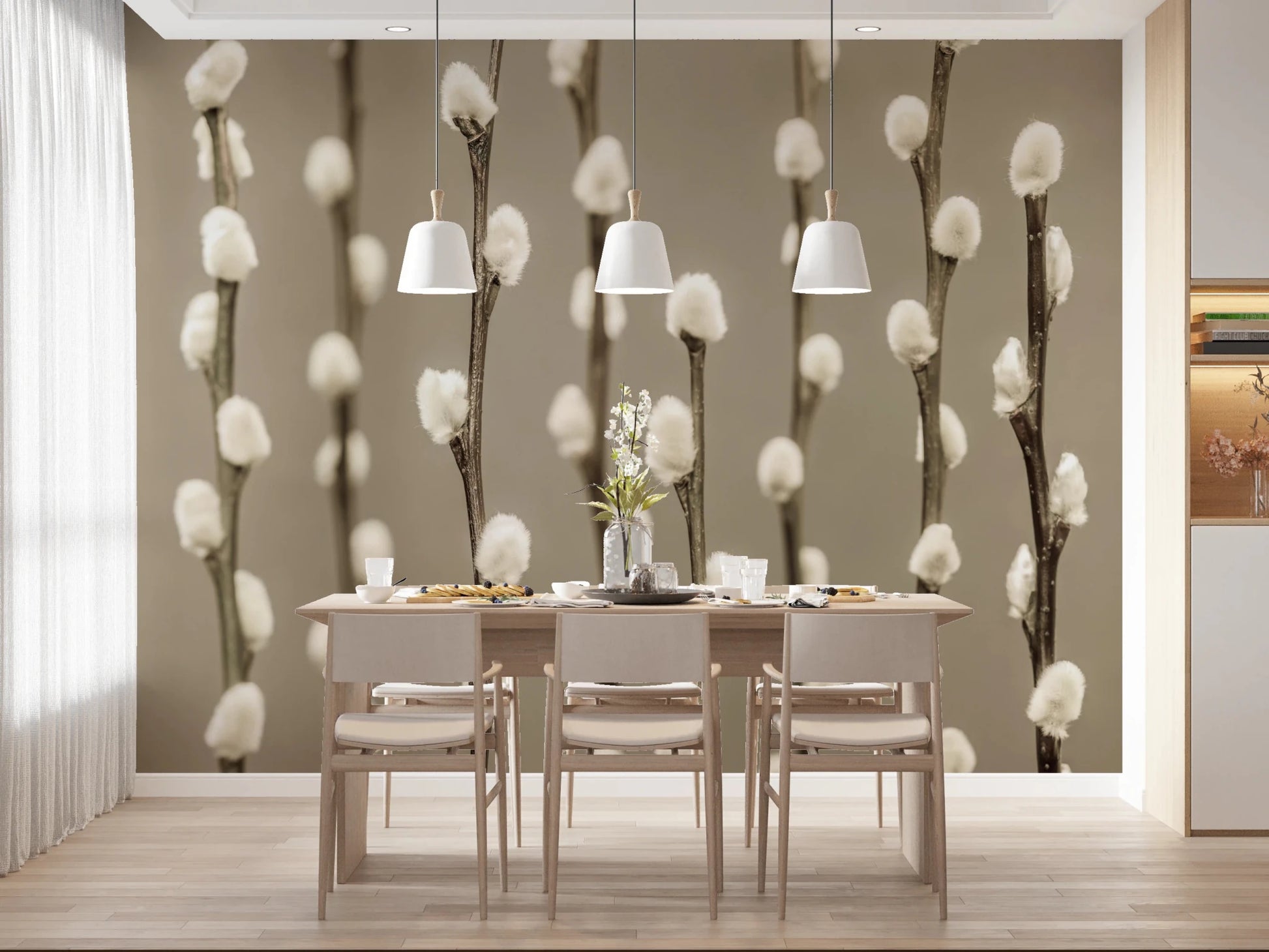 Minimal dining setup using Pussy Willow Wall Mural and light botanical rhythm, GD8627