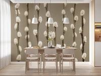 Minimal dining setup using Pussy Willow Wall Mural and light botanical rhythm, GD8627