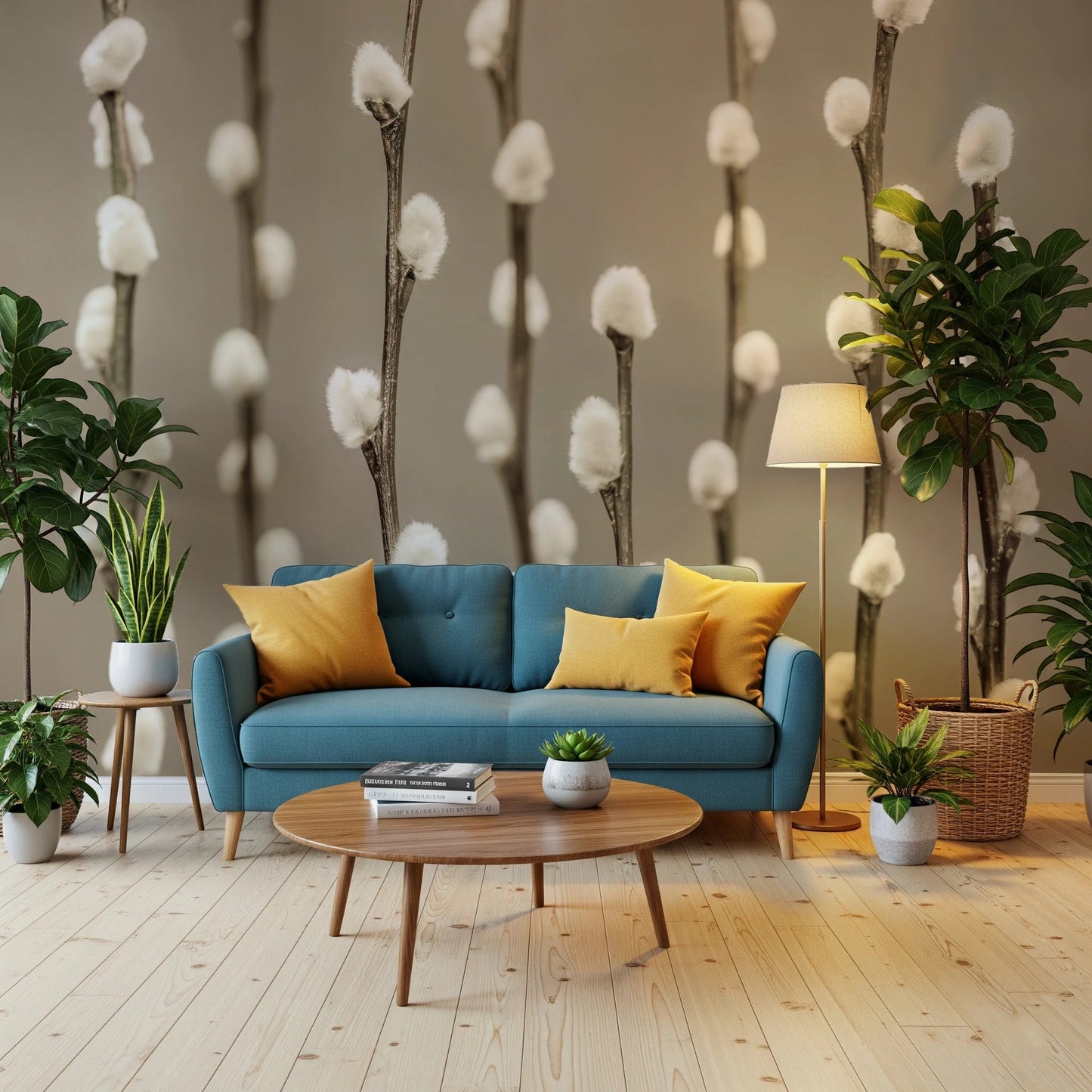 Living room styled with Pussy Willow Wall Mural and soft neutral branch pattern, GD8627