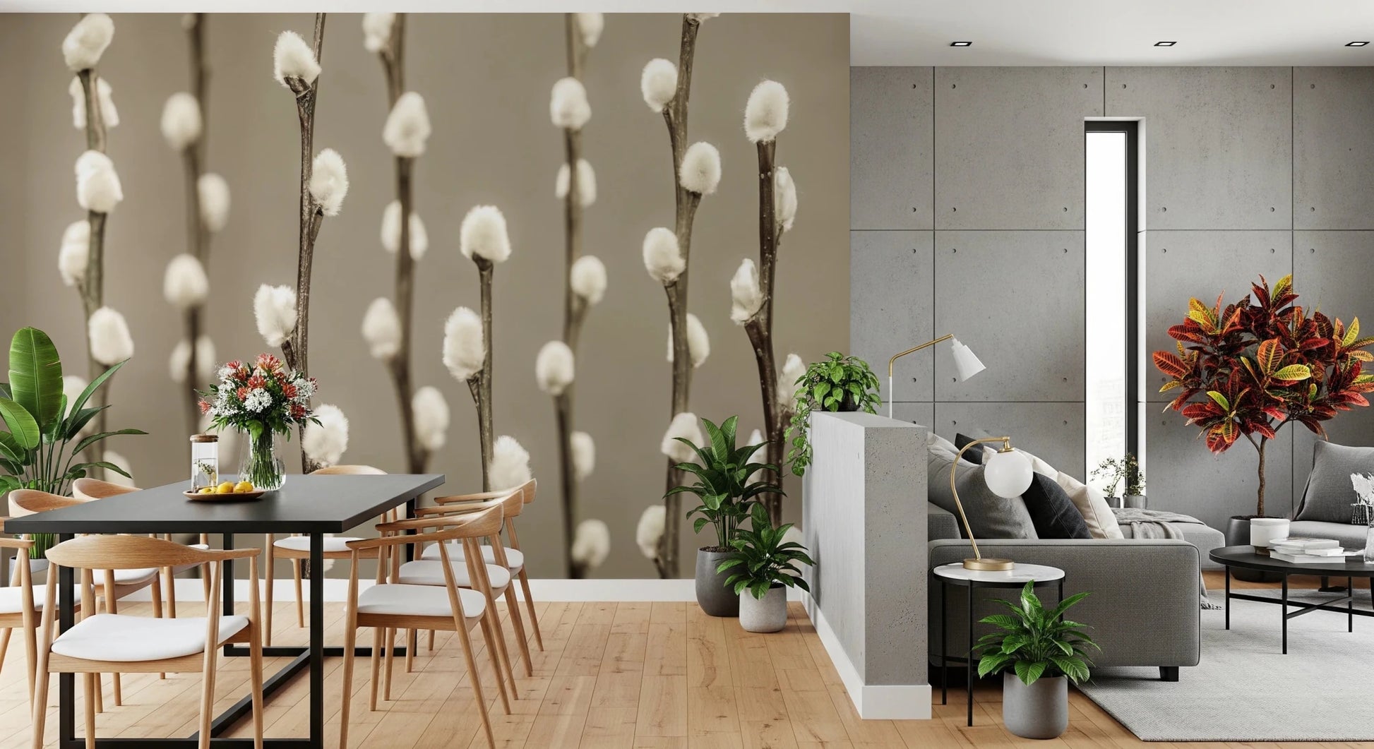 Open dining area featuring Pussy Willow Wall Mural with vertical bud stems, GD8627