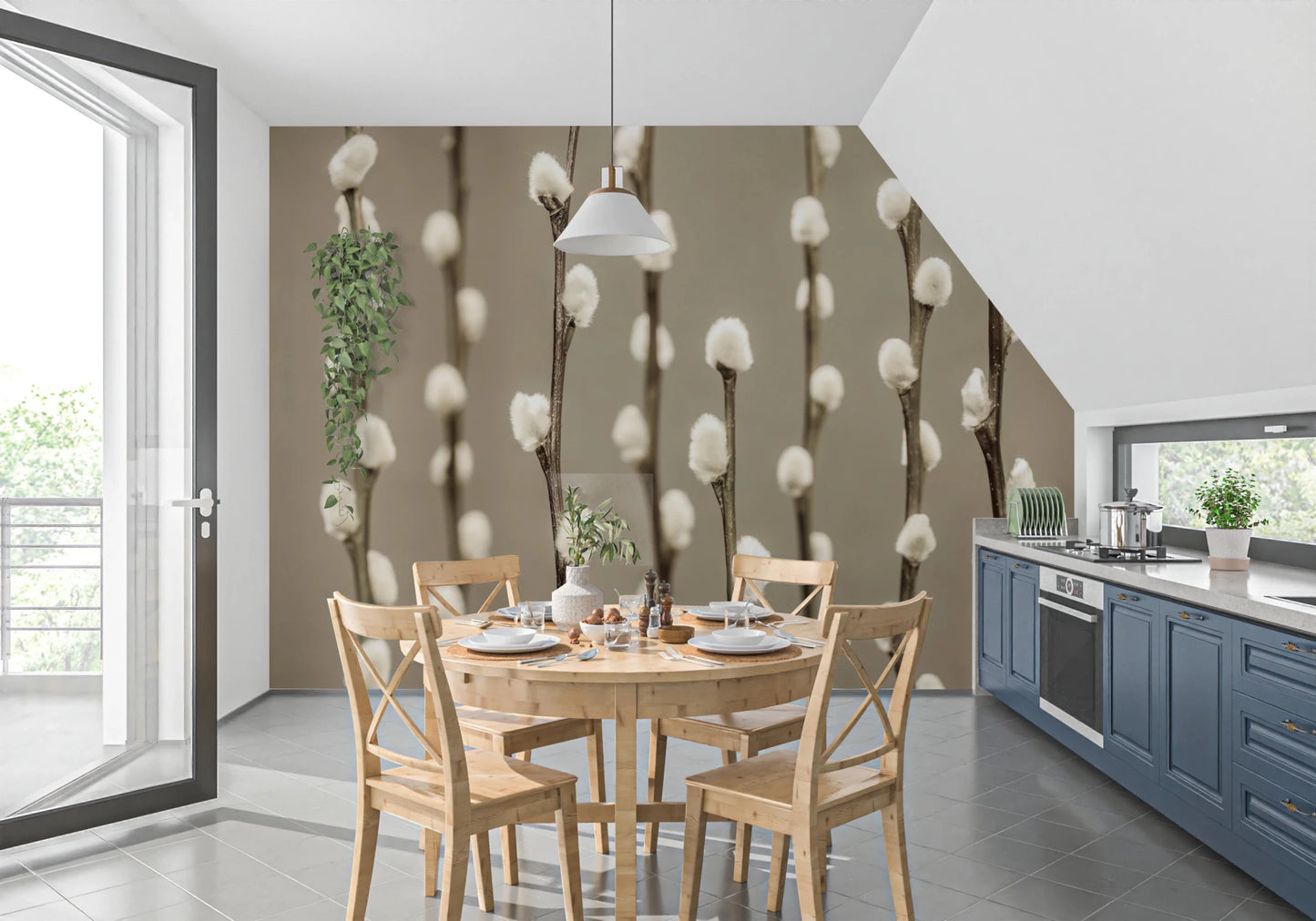 Corner dining layout with Pussy Willow Wall Mural and soft-toned botanical lines, GD8627