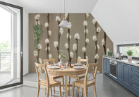 Corner dining layout with Pussy Willow Wall Mural and soft-toned botanical lines, GD8627