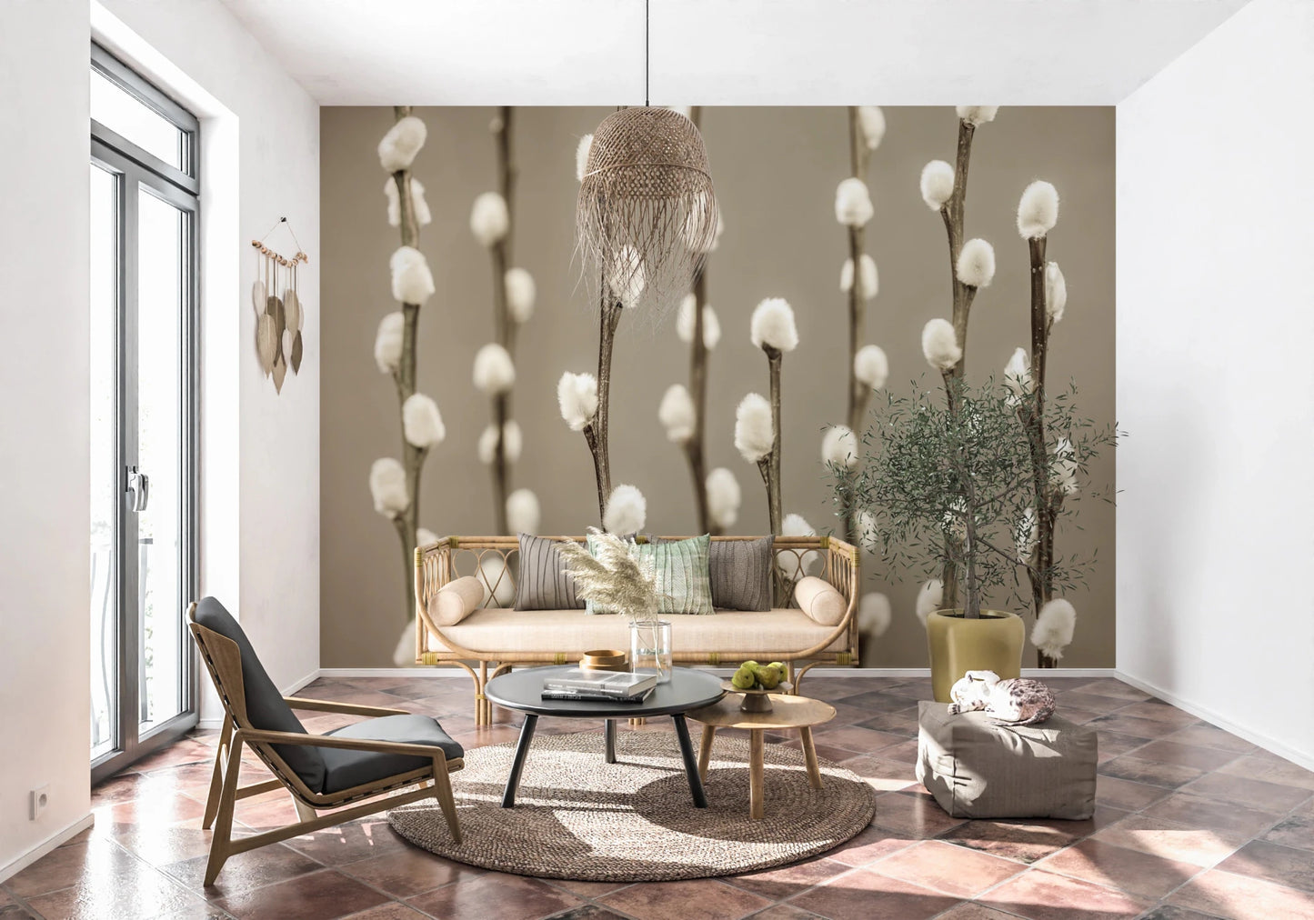 Modern Living room framed by Pussy Willow Wall Mural and subtle floral, GD8627