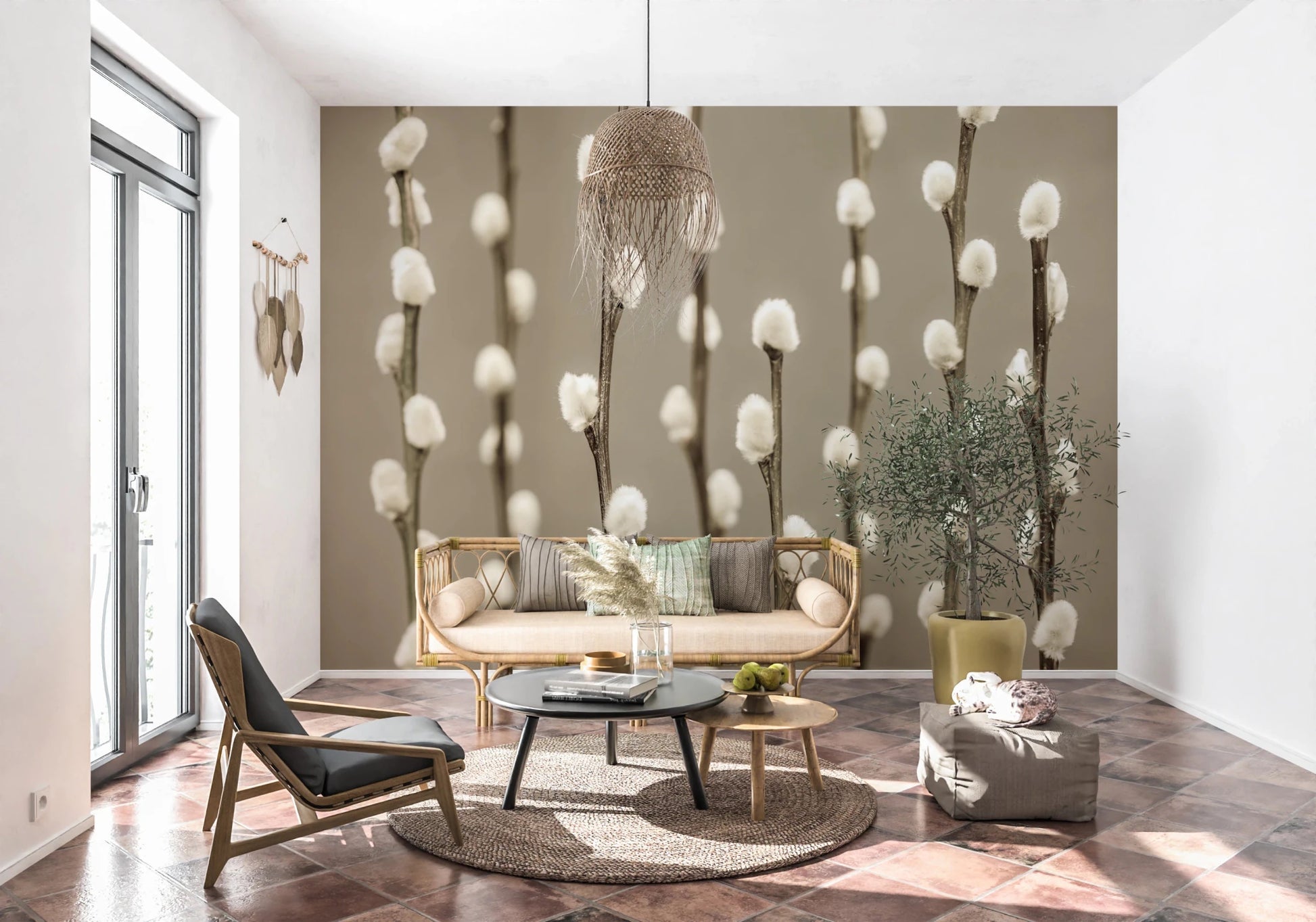 Modern Living room framed by Pussy Willow Wall Mural and subtle floral, GD8627
