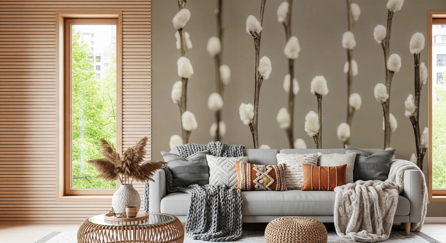 Cozy lounge arranged with Pussy Willow Wall Mural and warm neutral backdrop, GD8627