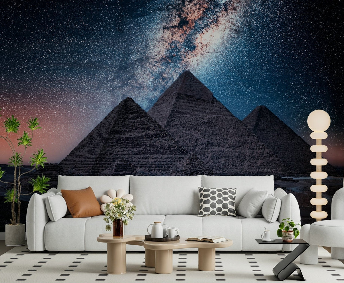 Pyramids at Night Wall Mural anchors the lounge with dark pyramids and luminous stars, GD7970