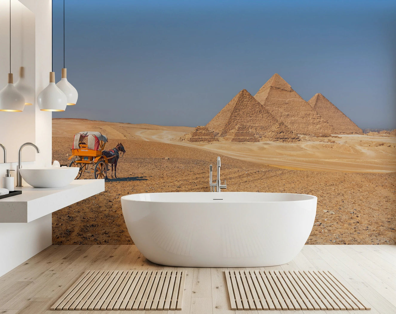 Bright bathroom setup featuring freestanding tub with Pyramids of Giza wall mural backdrop