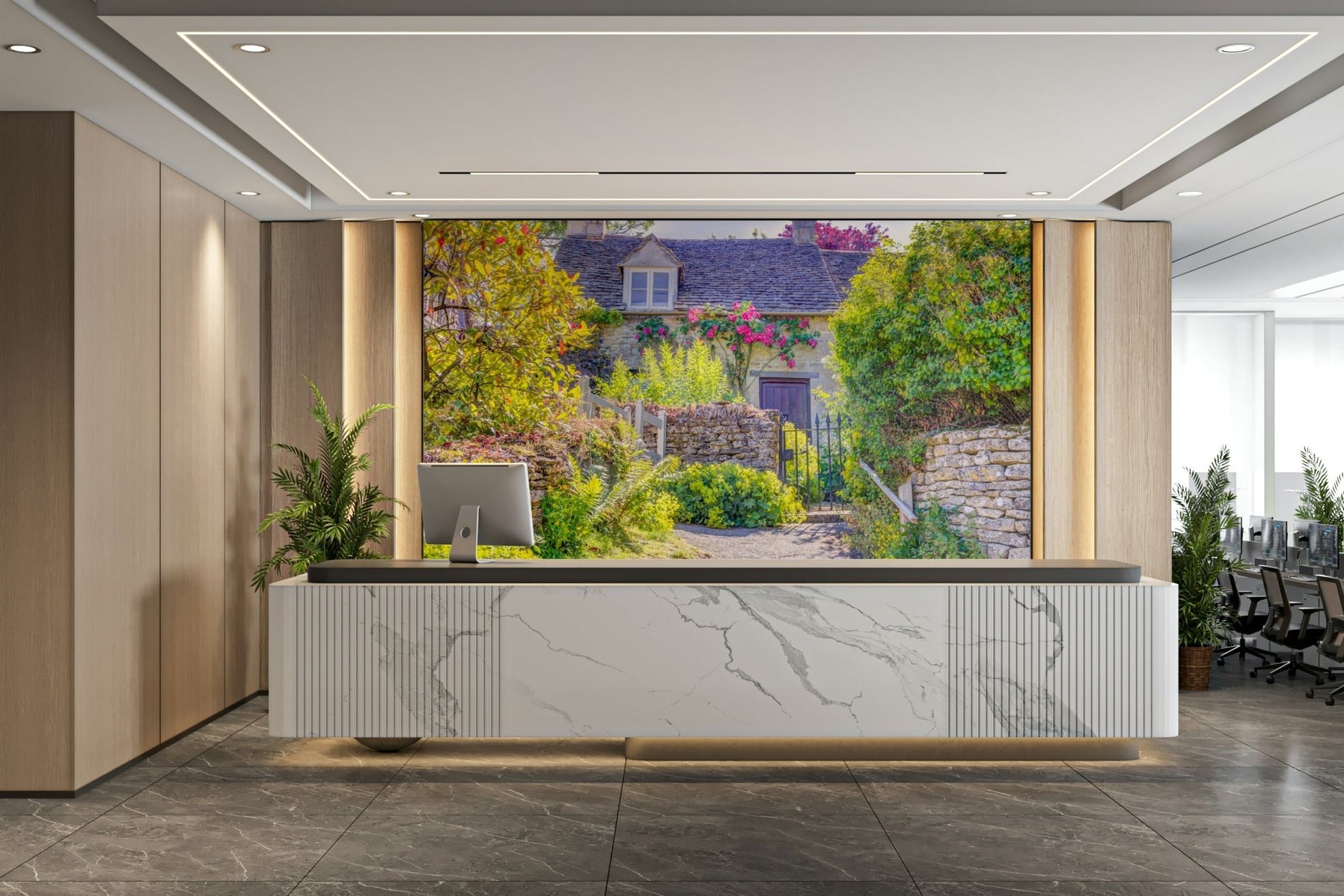 A high-angle view of the wall mural in a large space.

