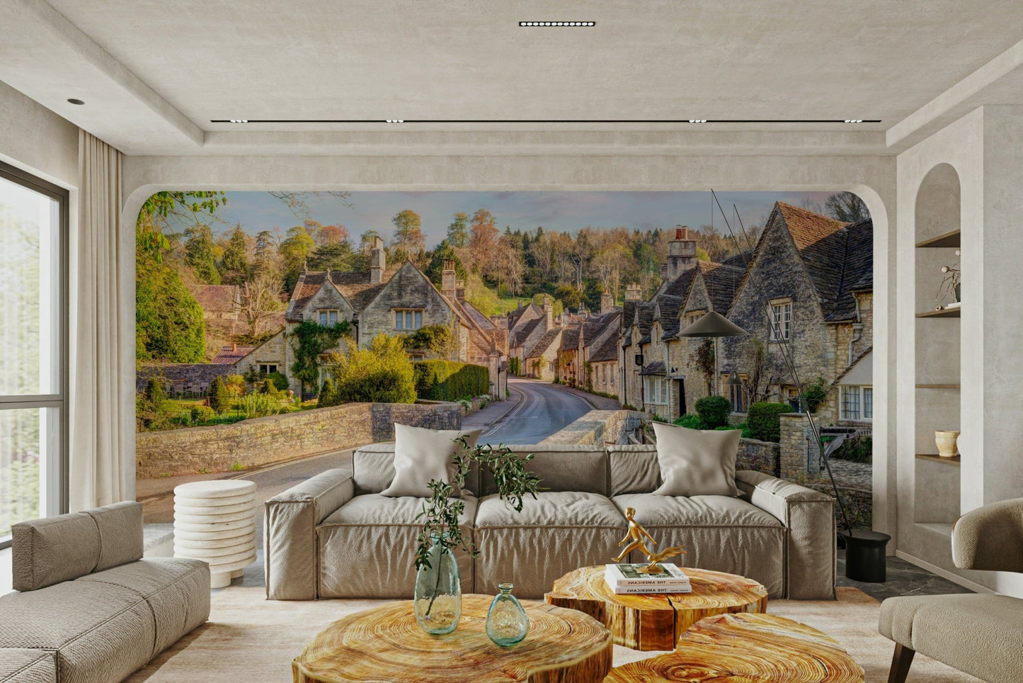 Wallpaper with bridge and quiet village view, GD2657