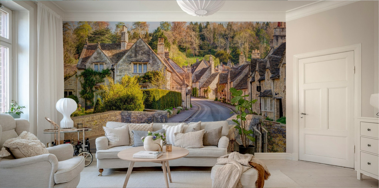 Quaint English village wallpaper with stone cottages

