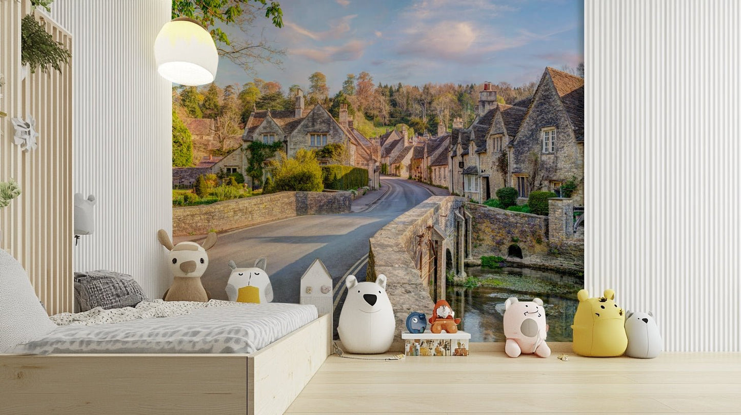 Mural of cobbled bridge and country homes, GD2657