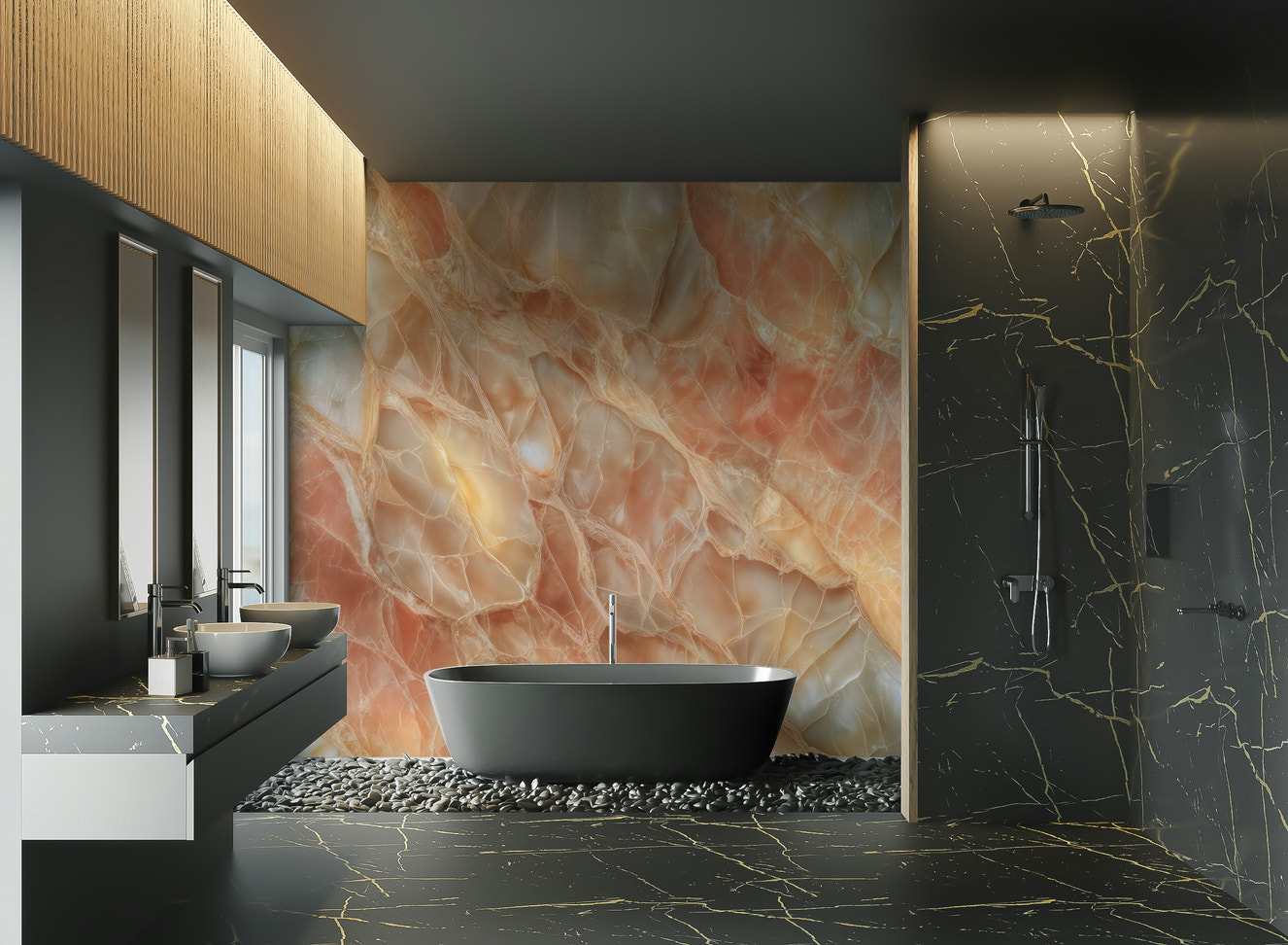 A beautiful quartz stone wallpaper mural with pink veins.

