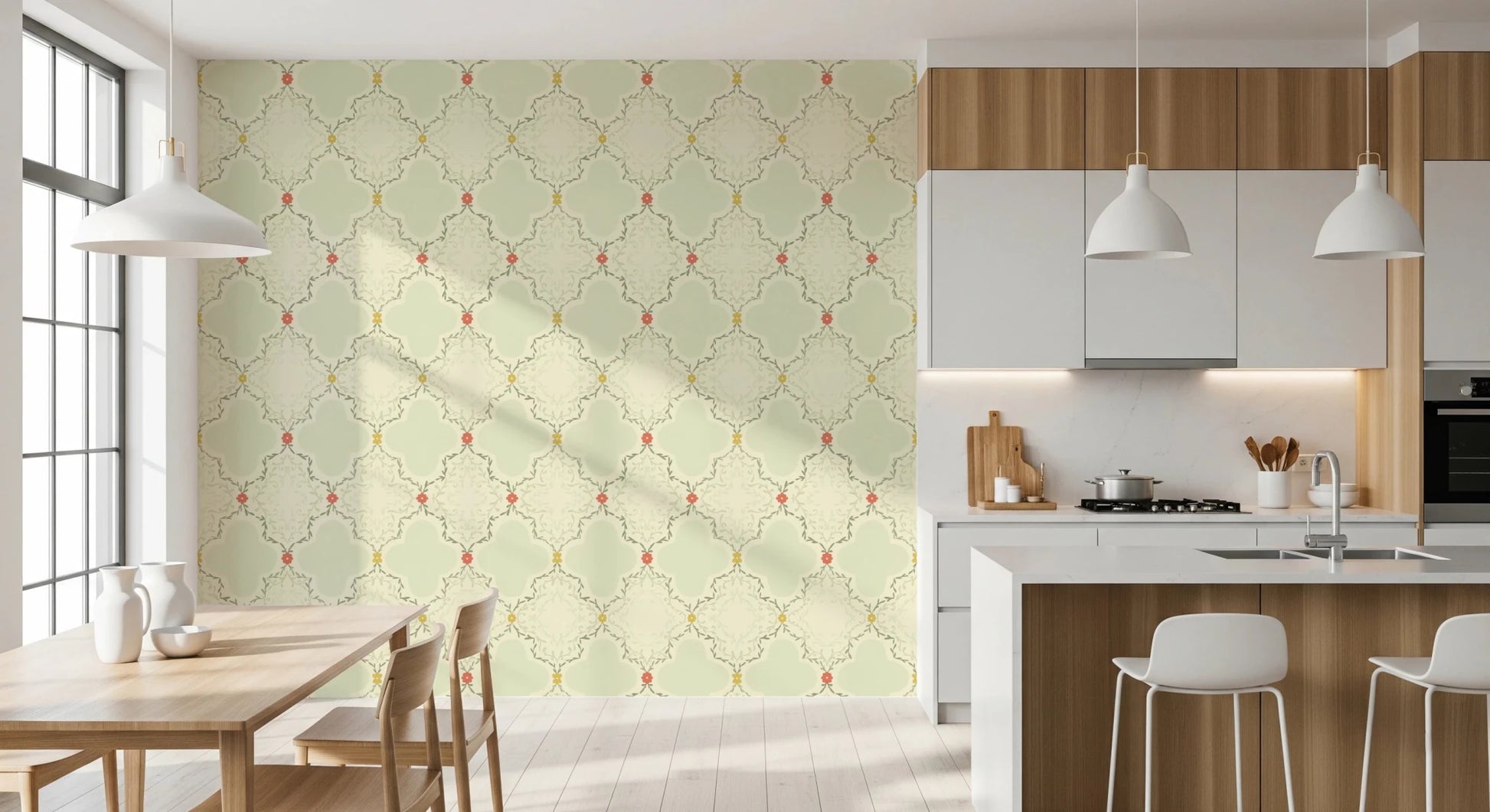 Detailed quatrefoil vines wall mural for a minimalist office interior design.