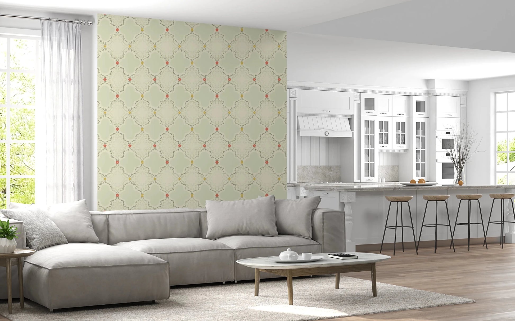 Vintage style floral wallpaper with ochre accents for a feature wall.